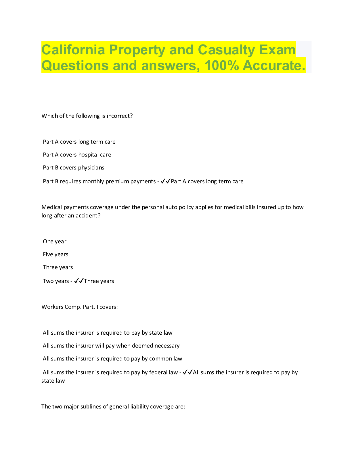 California Property and Casualty Exam Questions and answers, 100